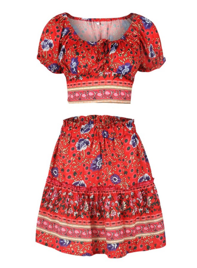 2-Piece Printed Skirt And Short Sleeve Top Set Red/Blue/Beige