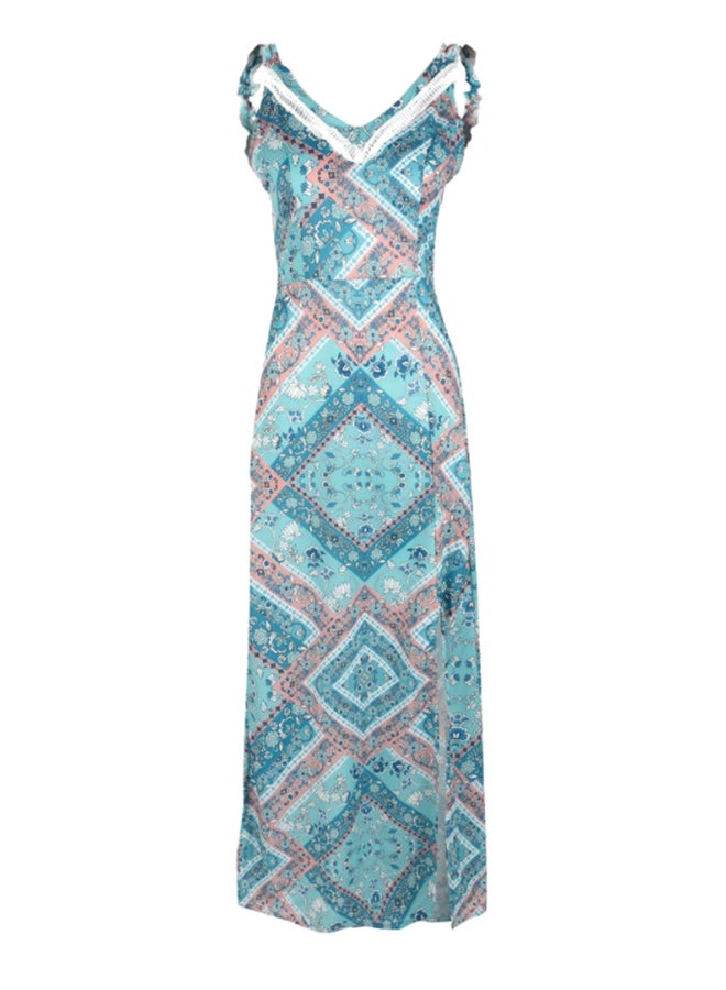 شاربدو فستان شاطئ بدون أكمام بحمالات للكتف مزين بطبعة أزرق/ برتقالي - Image 1