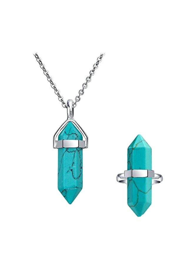 BLING JEWELRY Stainless Steel Turquoise Studded Pyramid Shaped Pendant Necklace And Ring Set - Image 1