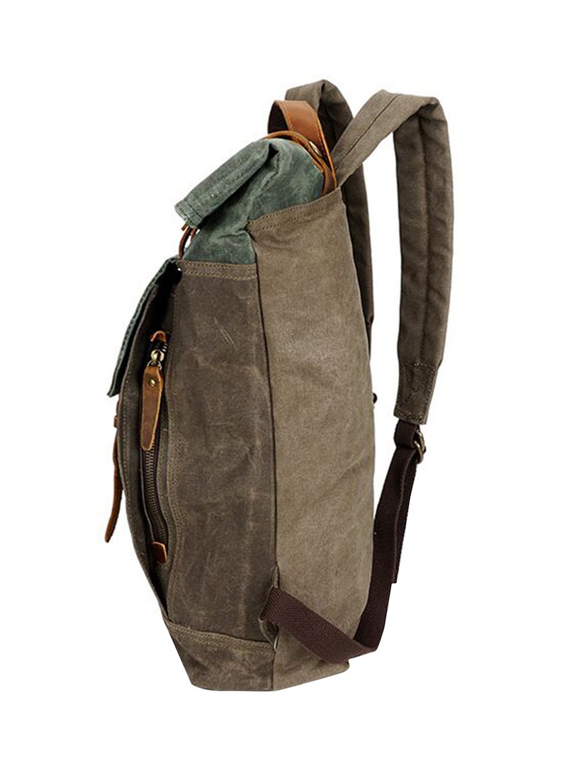 Four Am Retro Roll-Top Canvas Rucksack Olive/Brown - Image 3