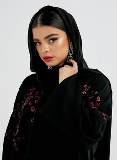 حياة عباية مطرّزة بأشكال زهرية متقنة أسود  - Image 4