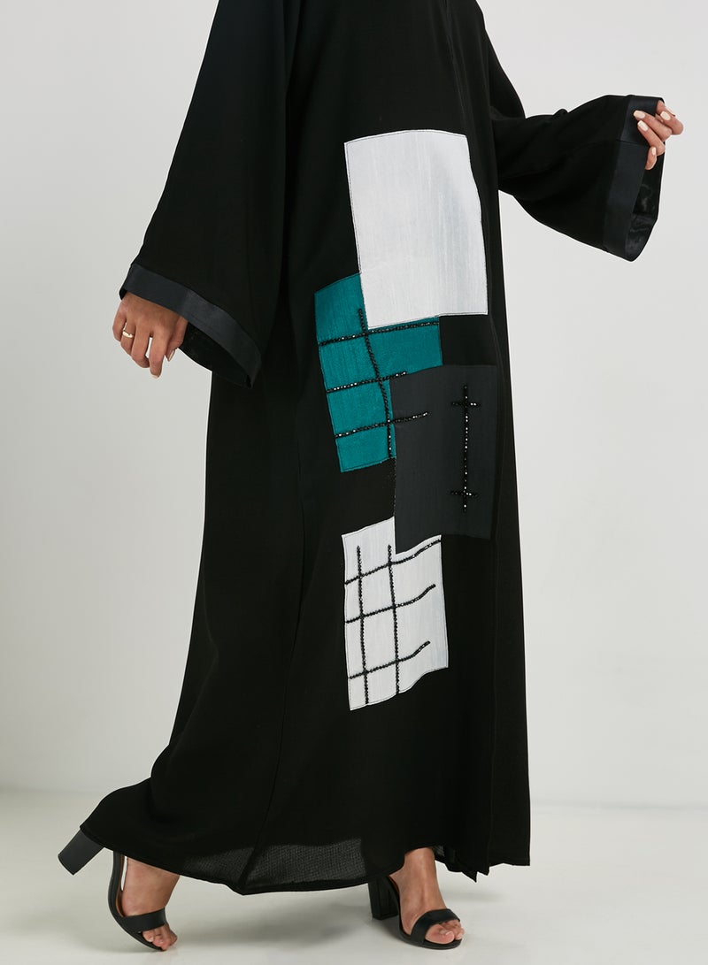Malikah Collection - Patchwork Abaya With Hand Sewn Embellishment Black - Image 1
