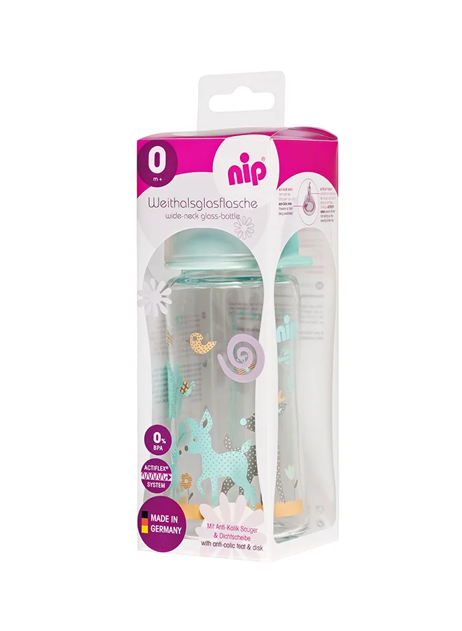 nip Wide Neck Glass Bottle, Heat Resistant Feeding Bottle, Non-Drip, BPA Free, 240 mL, Orange Sheep, Unisex