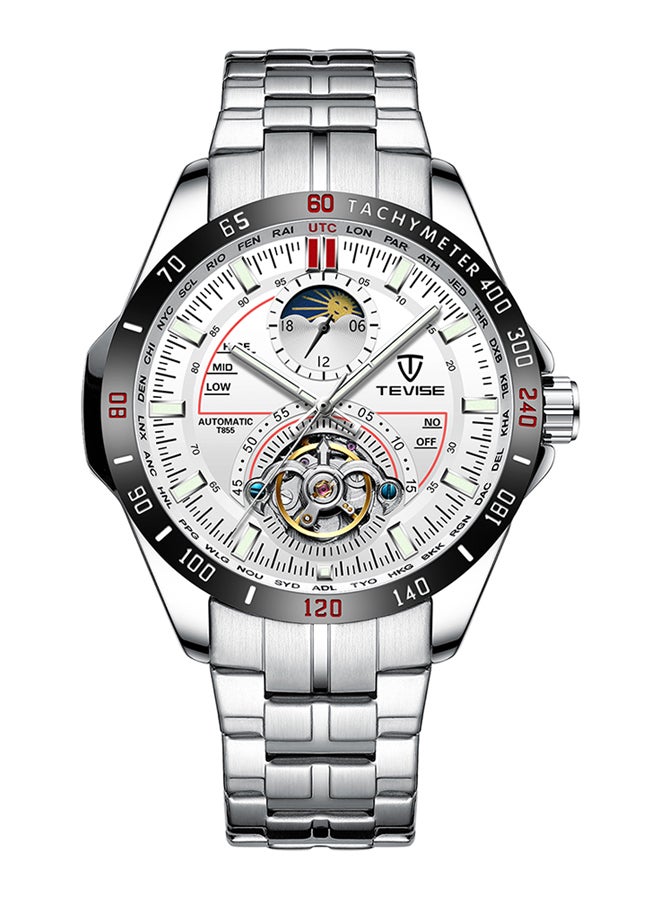 ساعة يد بعقارب وسوار من الستانلس ستيل طراز T855 - قياس 44 مم - لون فضي men