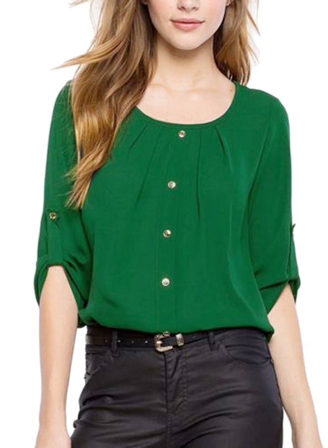 Round Neck Short Sleeve Chiffon Casual Shirt Green  - Image 1