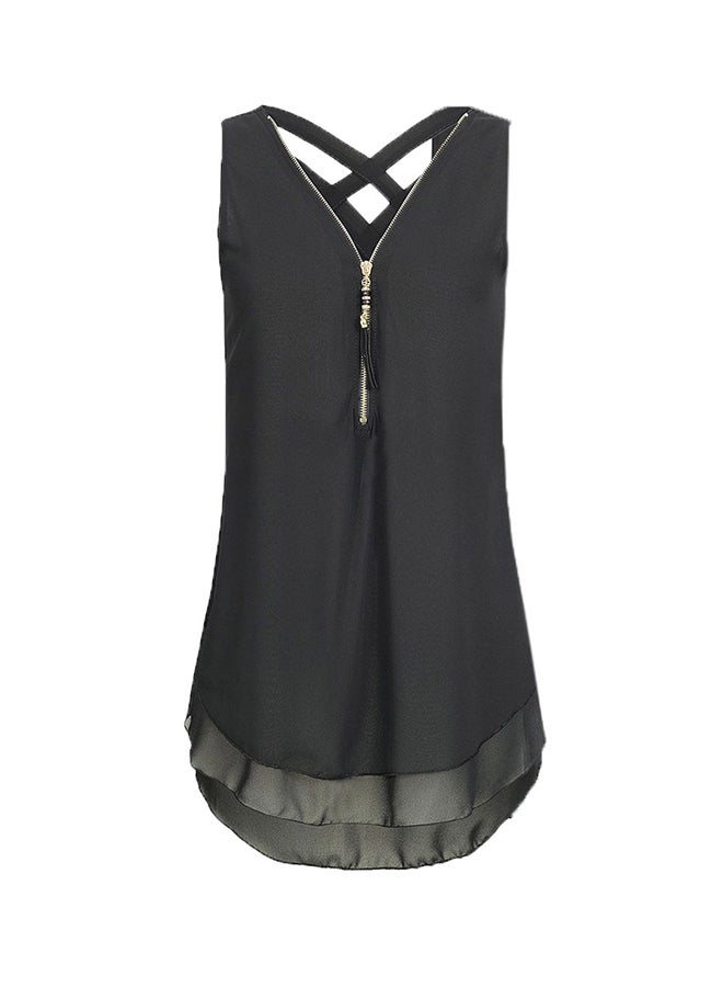 V-Neck Cross Back Zipper Sleeveless Tank Top Black - Image 1