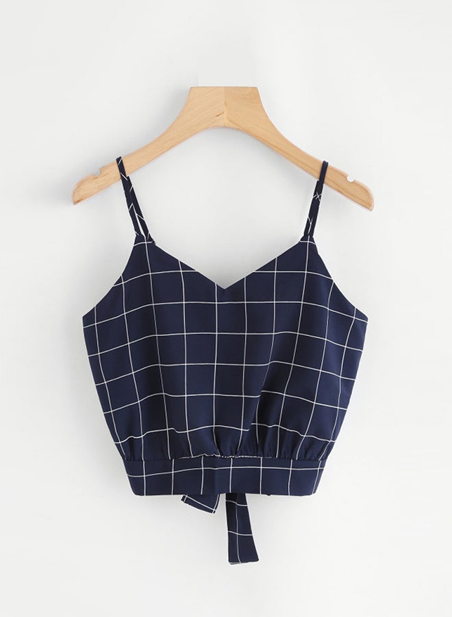 Self Tie Back Plaid  Cami Top Navy Blue/White - Image 1