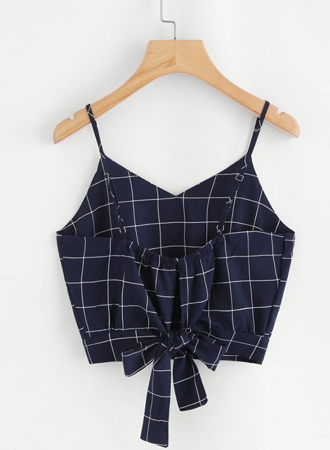 Self Tie Back Plaid  Cami Top Navy Blue/White - Image 2