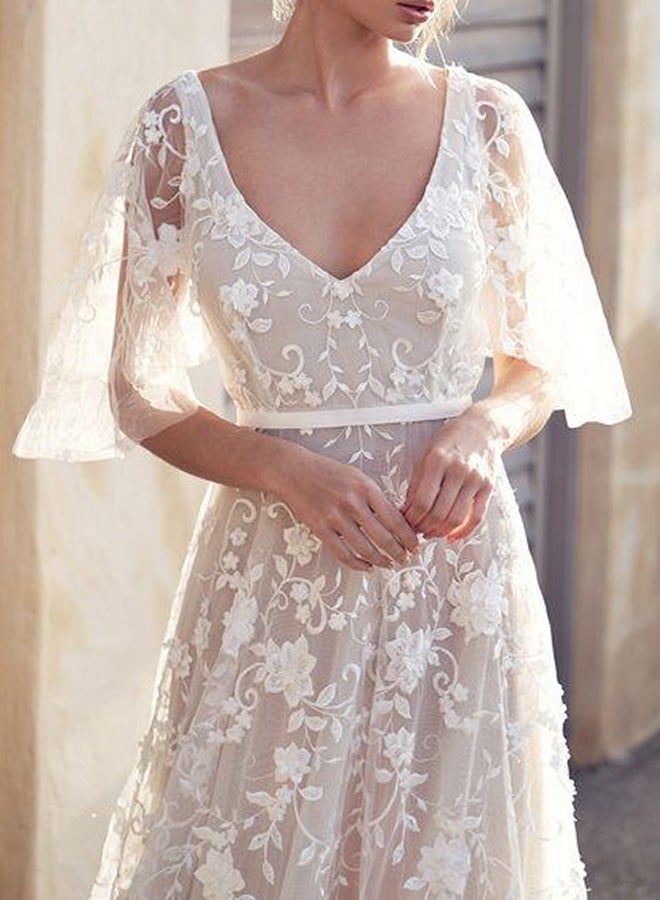 Plunge Neck  Lace Dress White  - Image 1