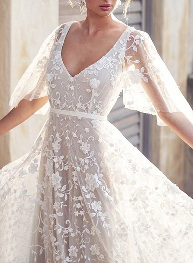 Plunge Neck  Lace Dress White  - Image 3