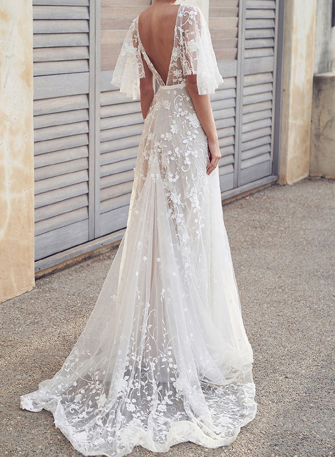 Plunge Neck  Lace Dress White  - Image 2