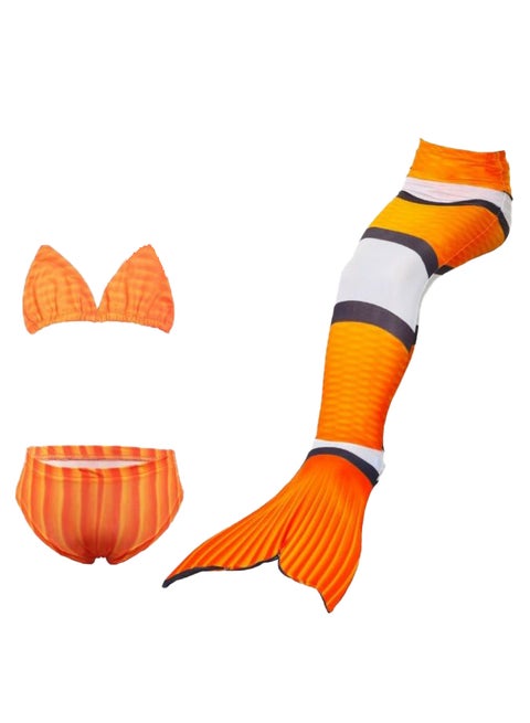 4-Piece Clown Fish Nemo Mermaid Tail With Monofin And  Bikini Set Orange