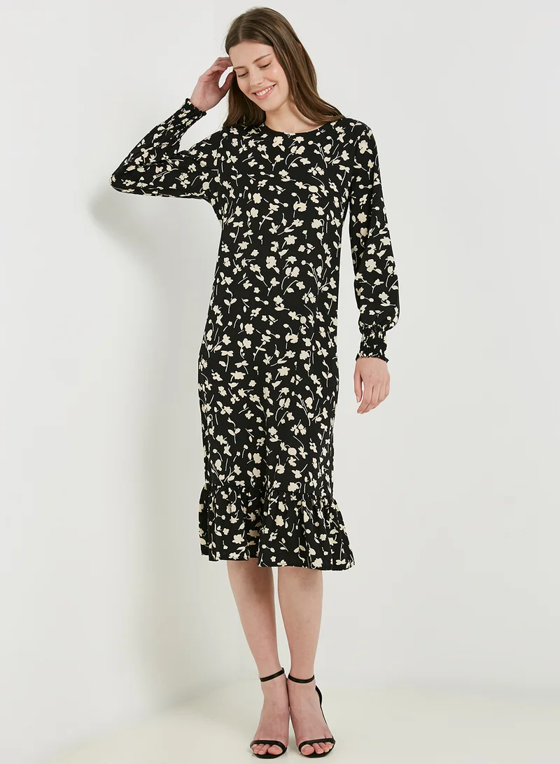 NA-KD Flounce Midi Dress Black/Yellow