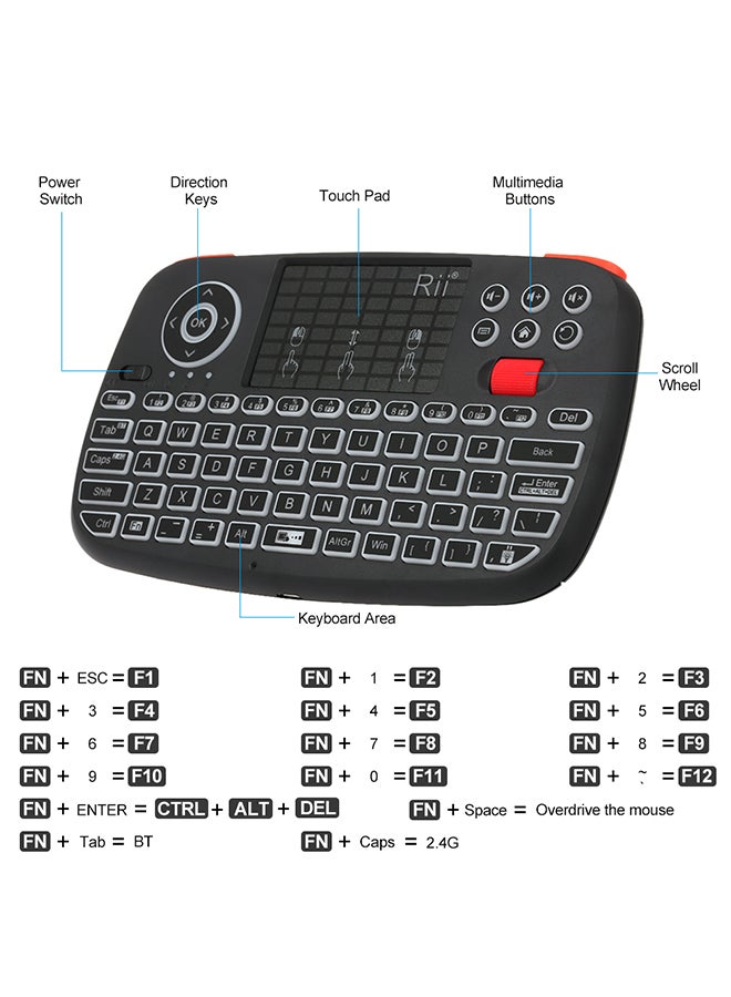 RII - Mini Wireless Keyboard Bluetooth Remote Control Black - Image 1
