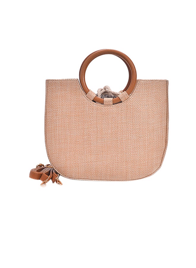 Summer Straw Handbag Knitting Woven Wooden Handle Casual Beach Bohemian Crossbody Bag Khaki  - Image 2