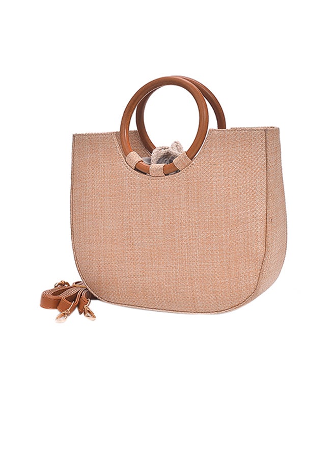 Summer Straw Handbag Knitting Woven Wooden Handle Casual Beach Bohemian Crossbody Bag Khaki  - Image 1