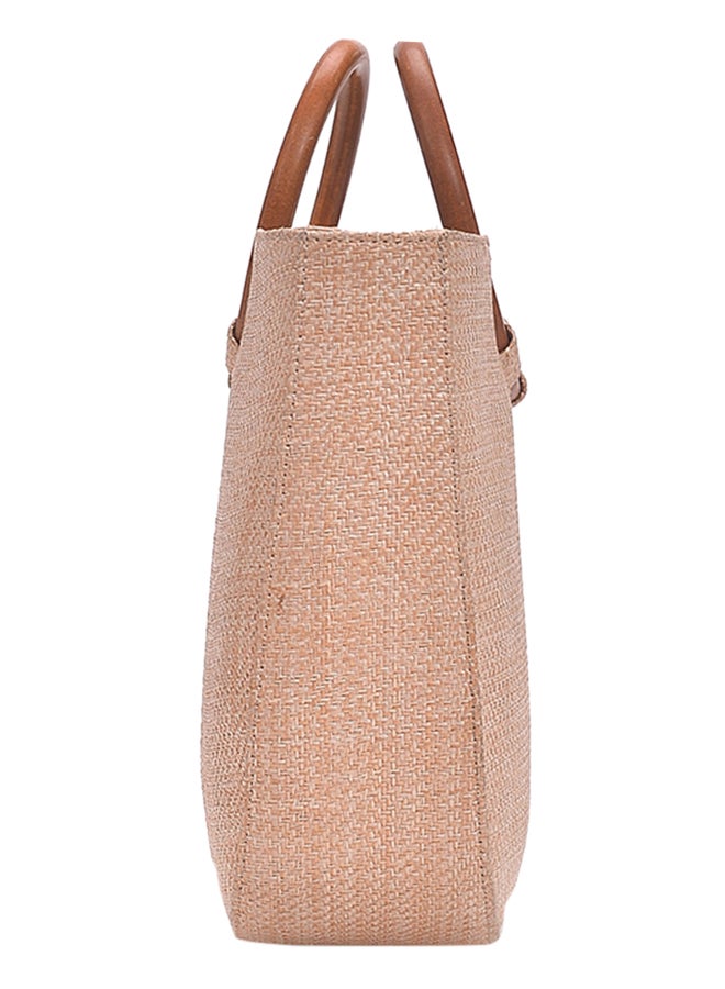 Summer Straw Handbag Knitting Woven Wooden Handle Casual Beach Bohemian Crossbody Bag Khaki  - Image 3