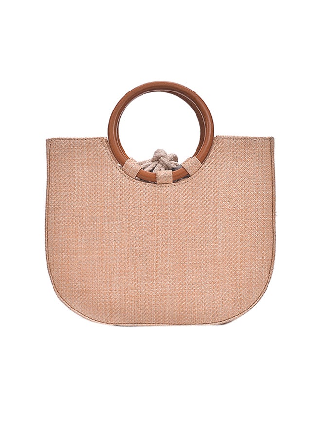 Summer Straw Handbag Knitting Woven Wooden Handle Casual Beach Bohemian Crossbody Bag Khaki  - Image 5