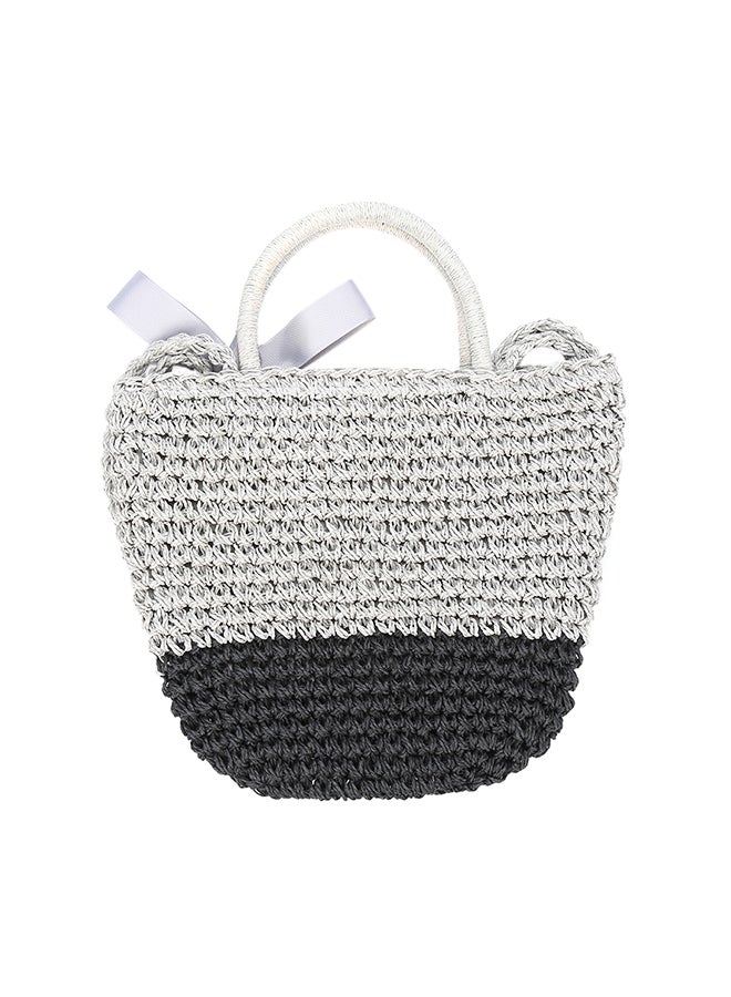 Ribbon Handbag Straw Weave Knitting Bucket Bag Summer Beach Holiday Totes Shoulder Bag Grey/Black - Image 2