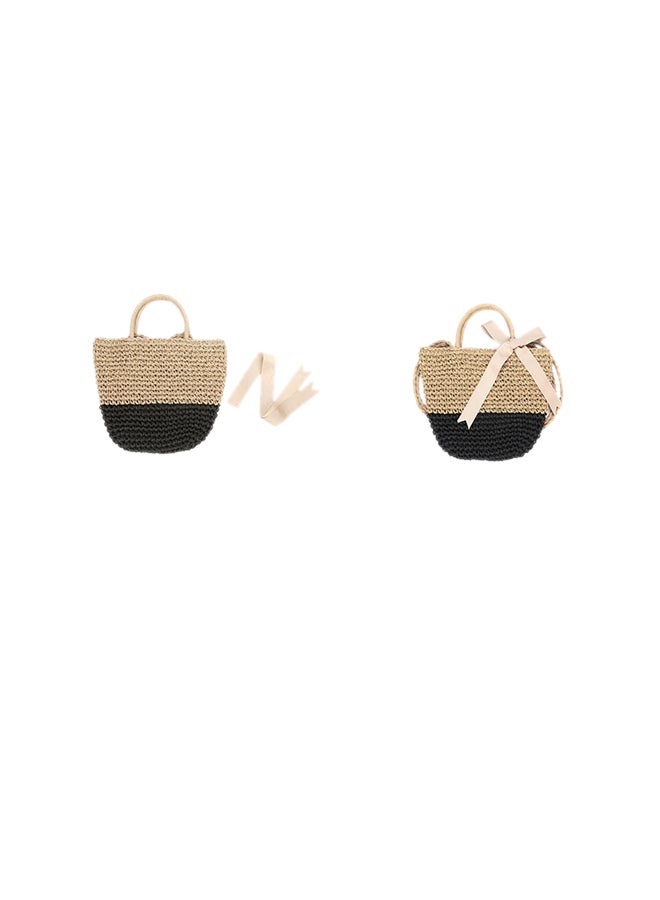 Ribbon Handbag Straw Weave Knitting Bucket Bag Summer Beach Holiday Totes Shoulder Bag Grey/Black - Image 5