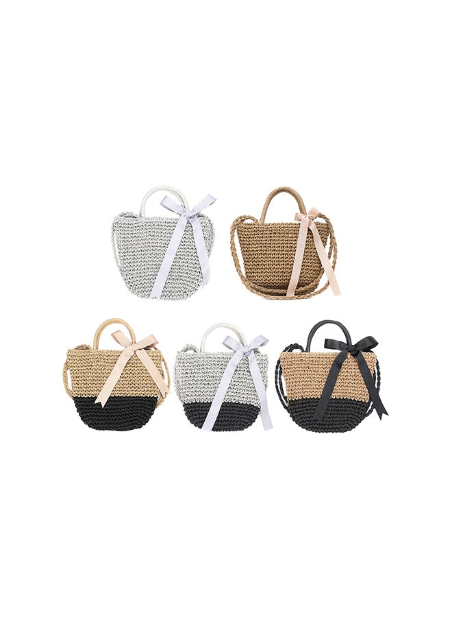 Ribbon Handbag Straw Weave Knitting Bucket Bag Summer Beach Holiday Totes Shoulder Bag Grey/Black - Image 3