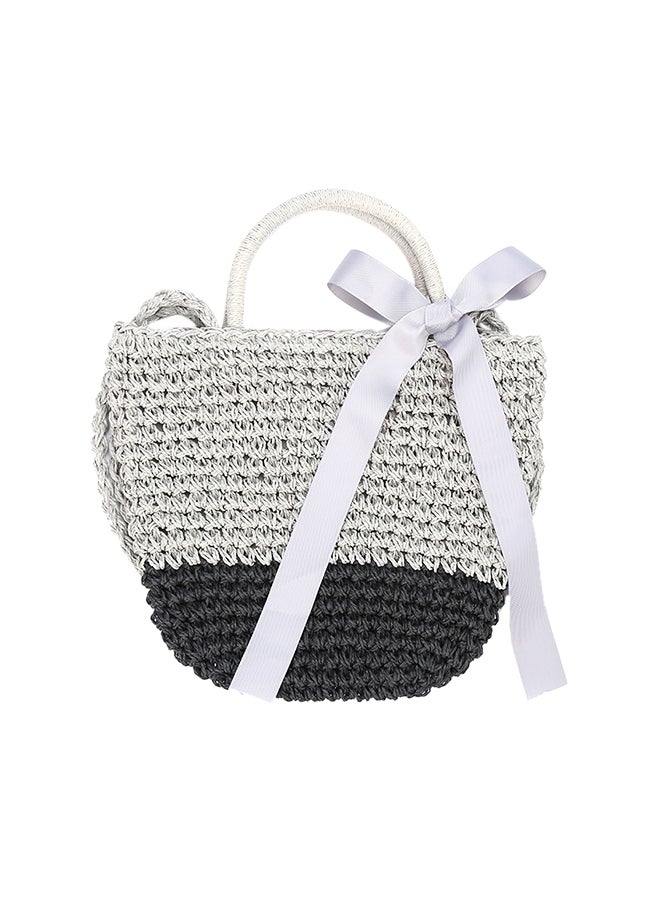 Ribbon Handbag Straw Weave Knitting Bucket Bag Summer Beach Holiday Totes Shoulder Bag Grey/Black - Image 1