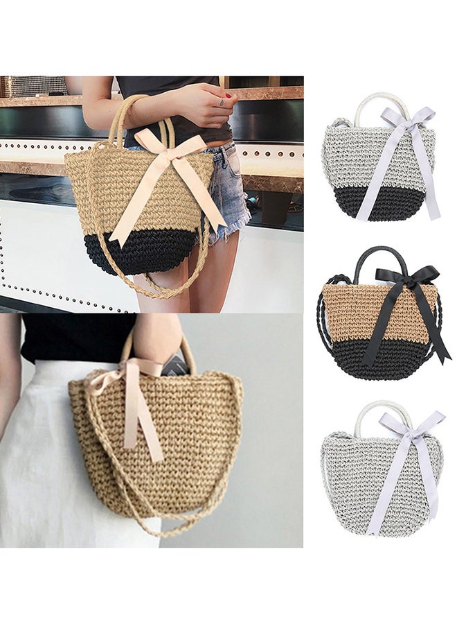 Ribbon Handbag Straw Weave Knitting Bucket Bag Summer Beach Holiday Totes Shoulder Bag Grey/Black - Image 4