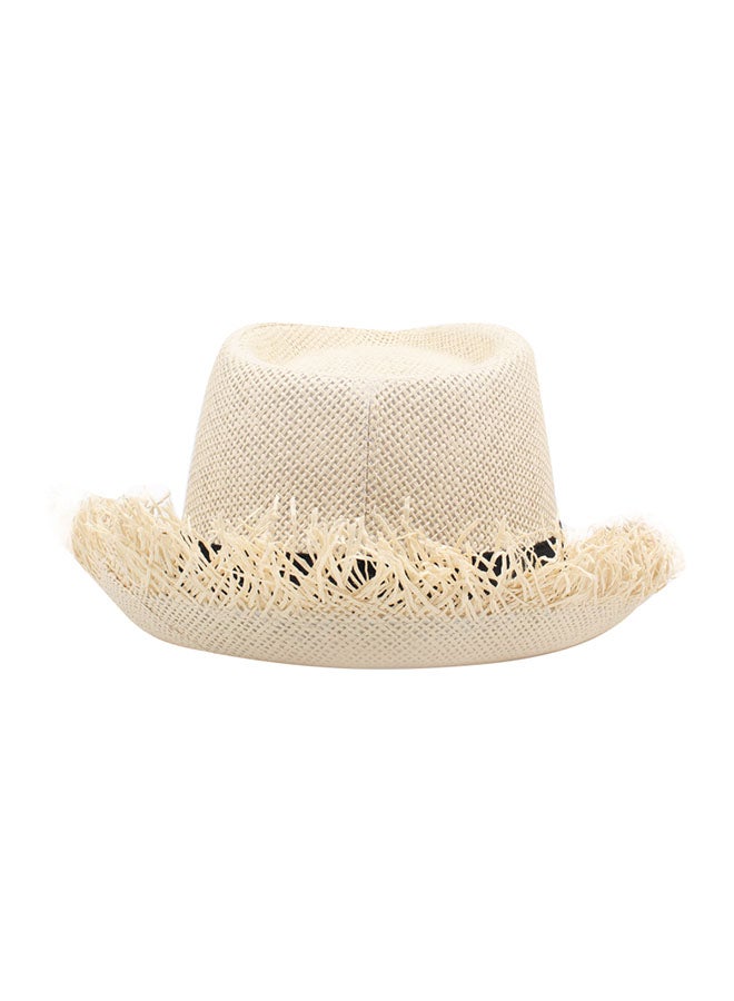 Straw Fedora Raw Brim Fringing Hat Beige/Black - Image 3