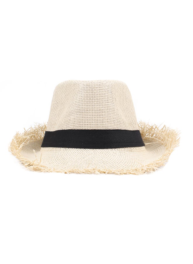 Straw Fedora Raw Brim Fringing Hat Beige/Black - Image 1