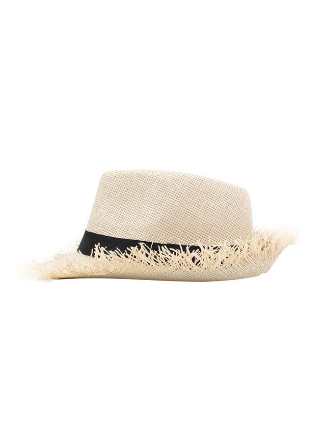 Straw Fedora Raw Brim Fringing Hat Beige/Black - Image 2