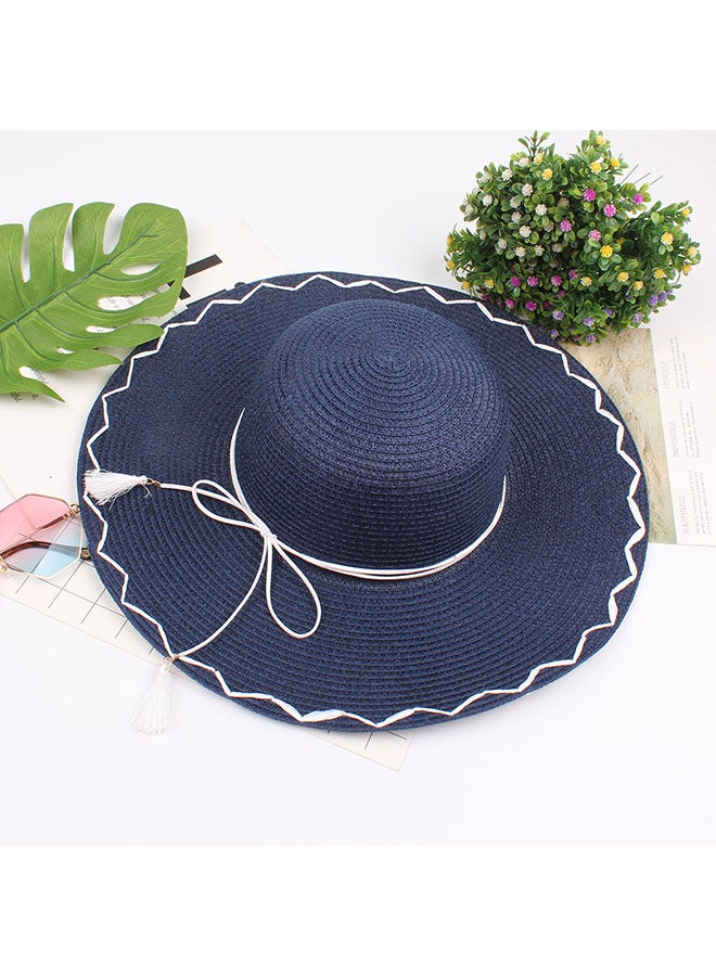Foldable Wide Brim Straw Hat With Tassel Dark Blue - Image 3