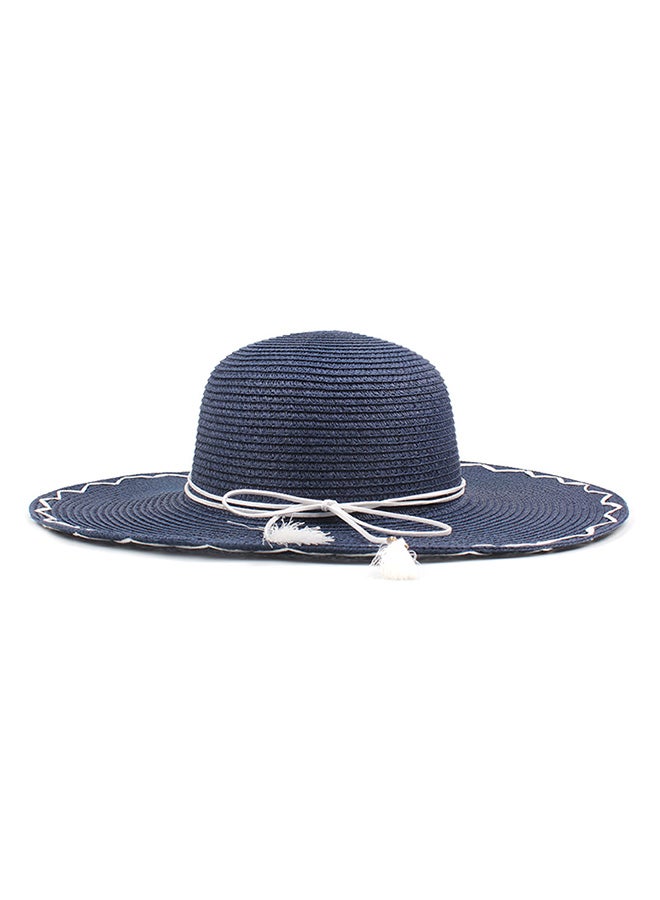 Foldable Wide Brim Straw Hat With Tassel Dark Blue - Image 2