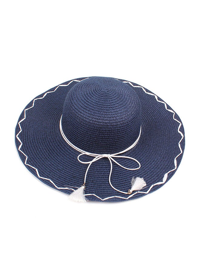 Foldable Wide Brim Straw Hat With Tassel Dark Blue - Image 1