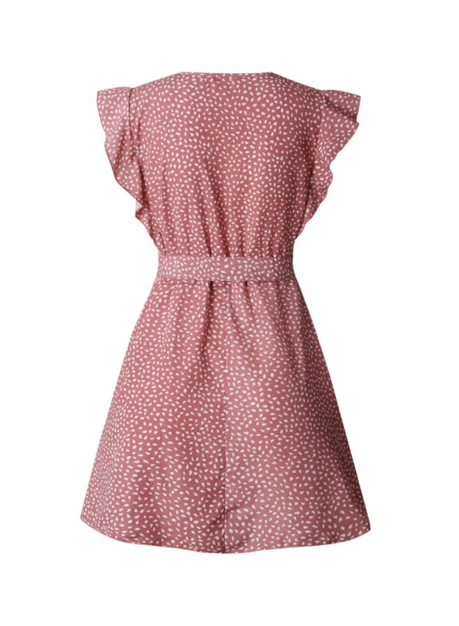 شاربدو فستان قصير مزين بكشكشة مع فتحة رقبة V أحمر/أبيض - Image 2