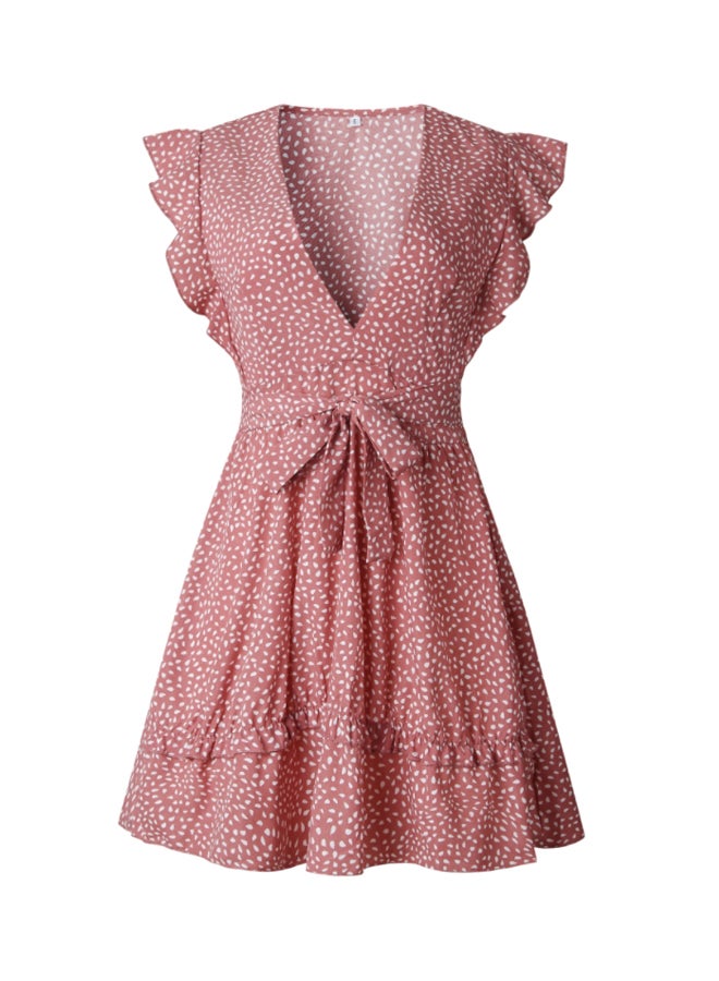 شاربدو فستان قصير مزين بكشكشة مع فتحة رقبة V أحمر/أبيض - Image 1