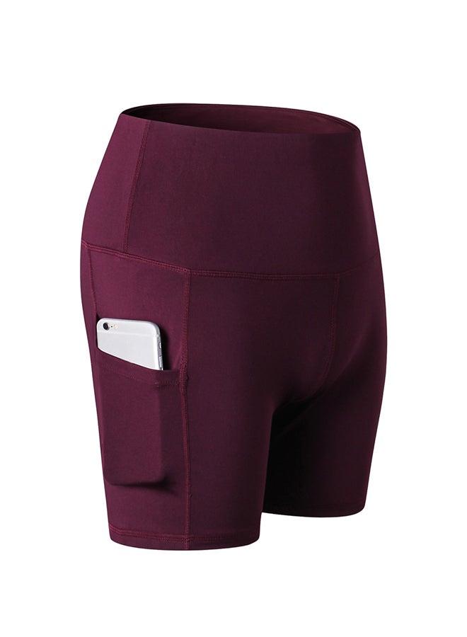 Stretchable High Waist Yoga Short Pants Burgundy  - Image 1