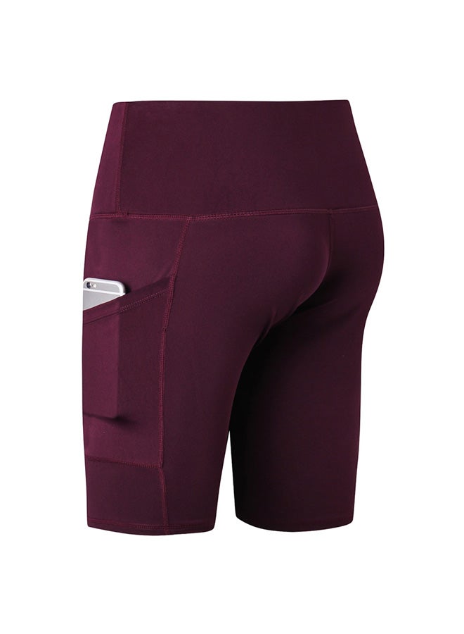 Stretchable High Waist Yoga Short Pants Burgundy  - Image 2