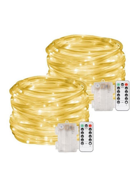 قطعتان من شريط إضاءة LED من 100 مصباح على شكل حبل للإضاءة الخافتة مع جهاز تحكم عن بعد أصفر 5x19سم