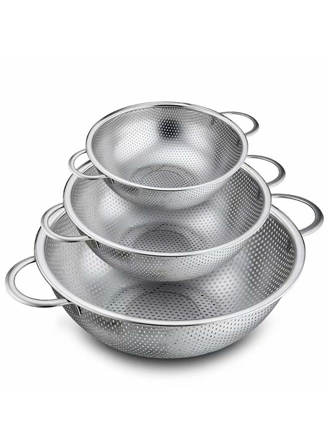 Generic - Set Of 3 Stainless Steel Micro-Perforated Colanders Strainers Silver - Image 1