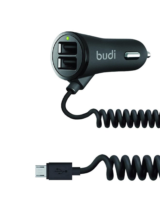 Dual USB Port Car Charger With Coiled Micro Connector Black