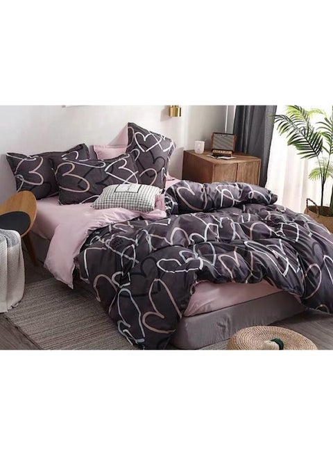6-Piece Double Size Heart Design Duvet Cover Set Cotton Dark Grey/Pink
