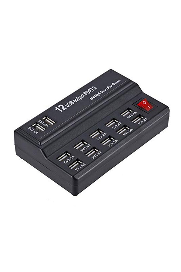 محول طاقة بقاعدة للشحن السريع مزودة بموزع مكون من 12 منفذ USB أسود