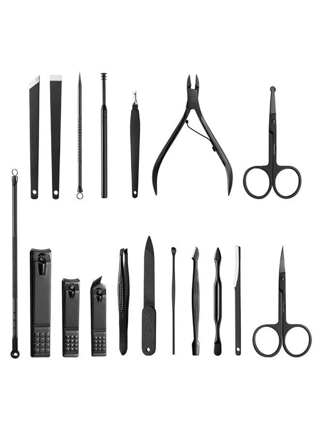 طقم أدوات مانيكير وباديكير ومقصات وقصافات أظافر مكون من 18 قطعة أسود - Image 2