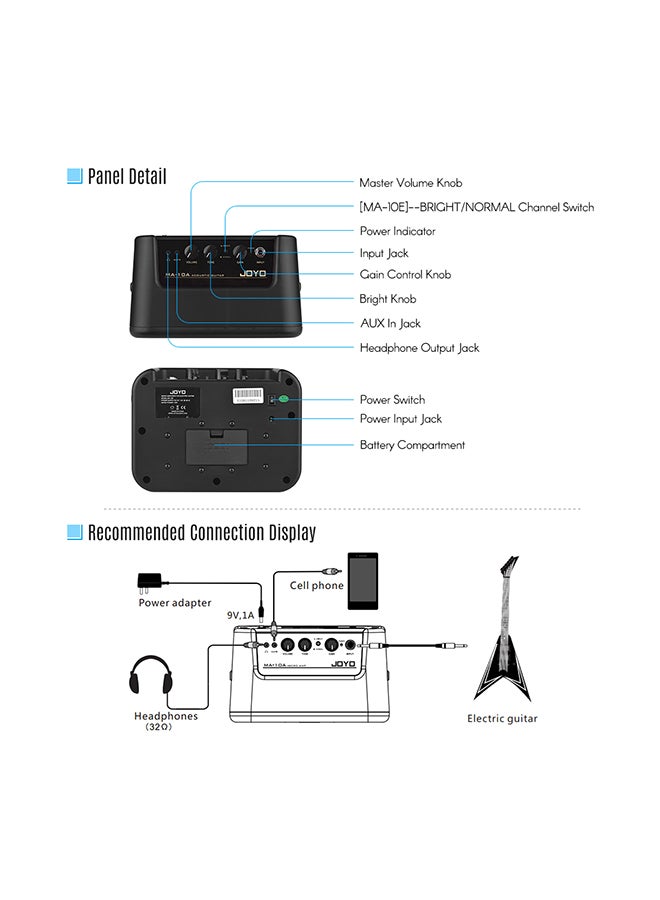 جويو مضخم صوت جيتار كهربائي صغير محمول، 10 وات بقناتين أو دي كلين مع محول طاقة - MA-10E - Image 3
