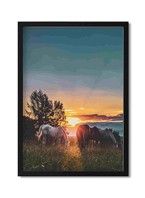Four Horses On Grass Fields Near Tall Trees During Sunset Wall Art Painting Multicolour 32x22x2cm