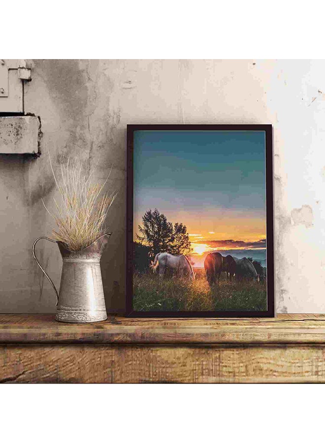 LOWHA - Four Horses On Grass Fields Near Tall Trees During Sunset Wall Art Painting Multicolour 32x22x2cm - Image 1