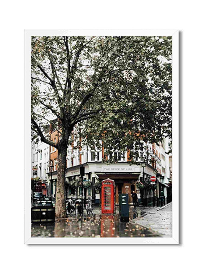 لوحة فنية لديكور الحائط لكابينة تليفون بلون برتقالي بجانب شجرة متعدد الألوان 32x22x2سم - Image 1