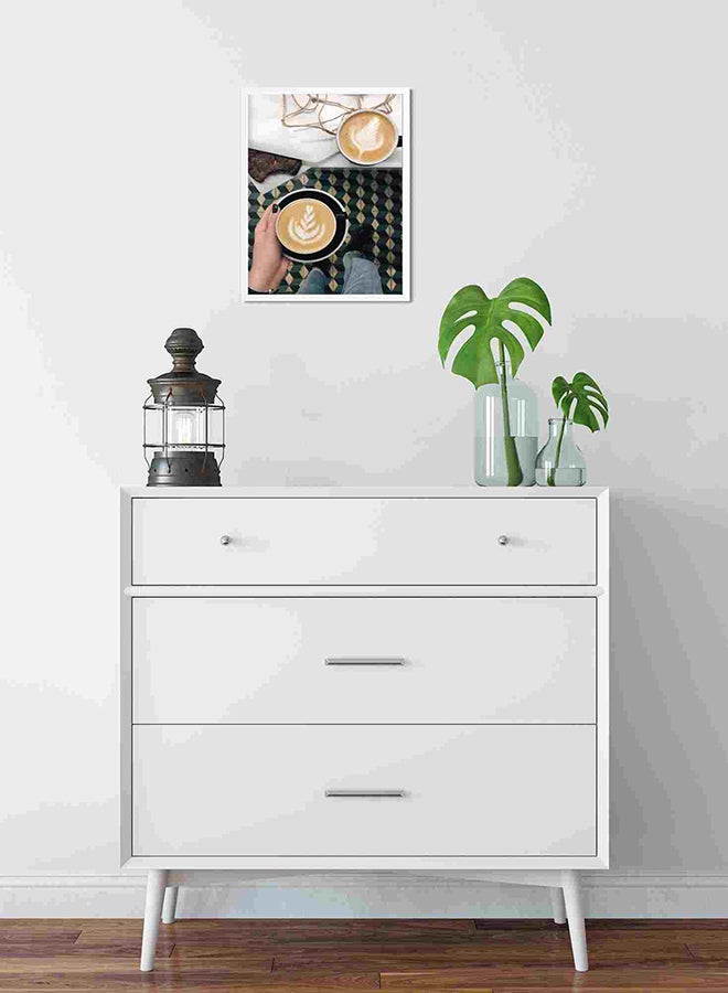 لوحة فنية لديكور الحائط بصورة لكوبَي قهوة كابتشينو مع كعكة شوكولاتة على طاولة متعدد الألوان 32x22x2سم - Image 2