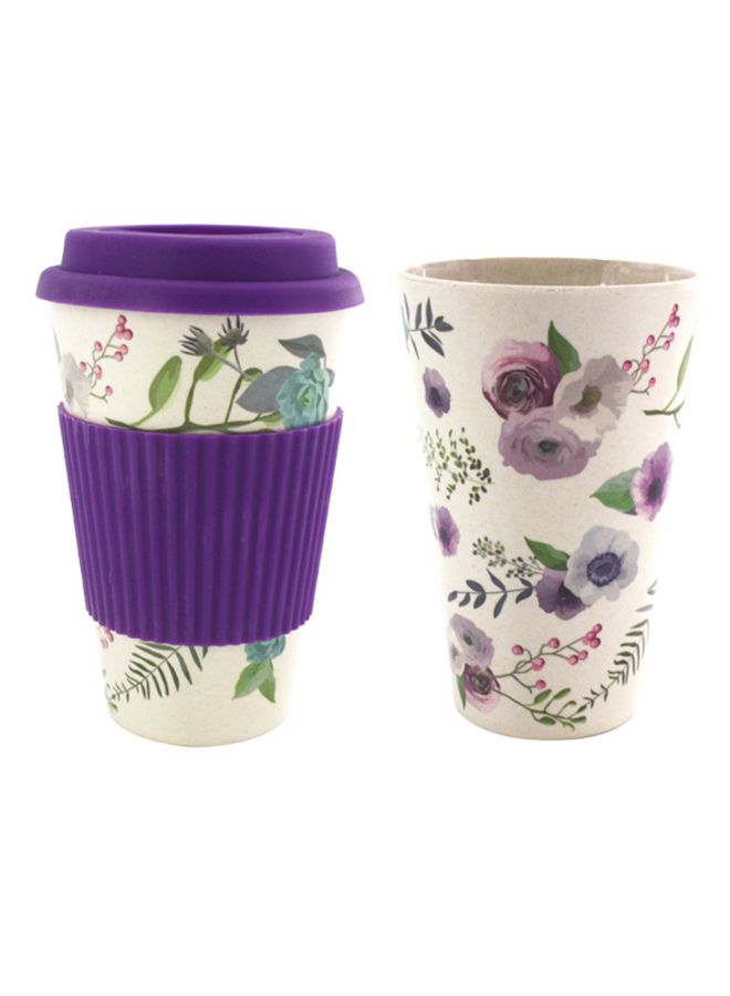 تي دي هوم مج للسفر بنقشة ورود مع غطاء وحامل أرجواني 9.6 x 15.4 x 9.7سم - Image 2