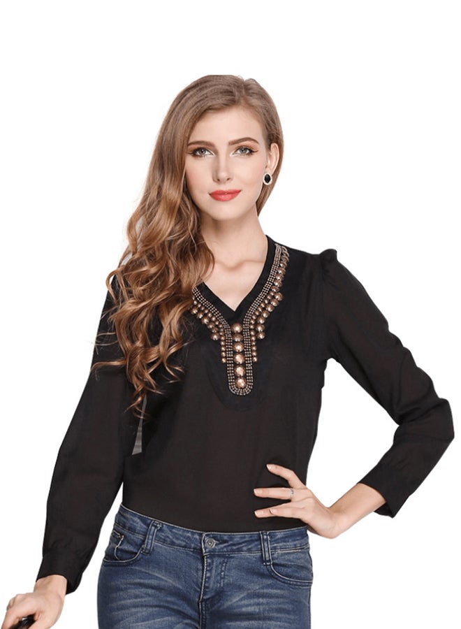 Fashion Vintage Long-Sleeved Chiffon Shirt Black  - Image 1
